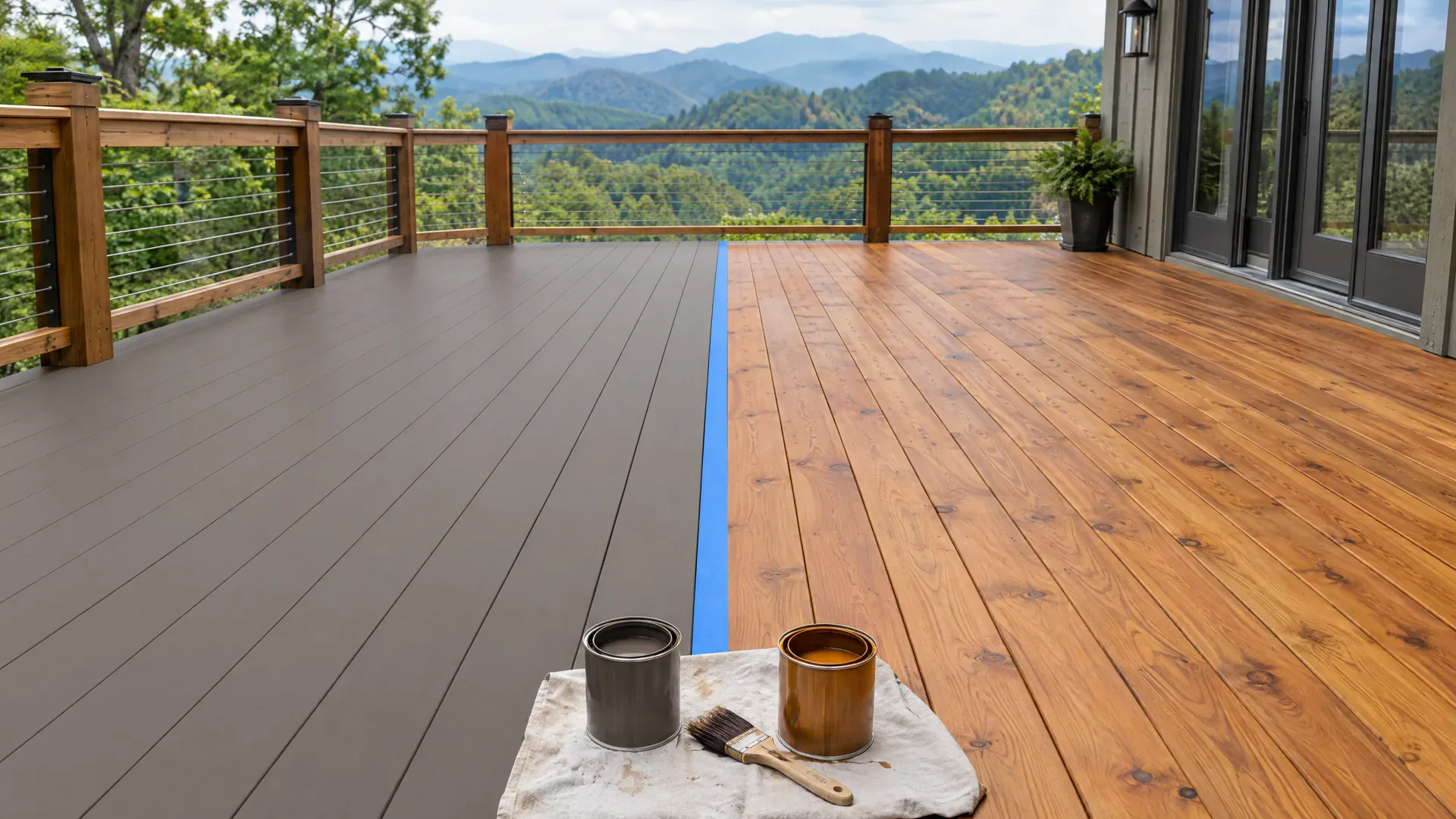 Deck split by blue tape into solid stain hiding the grain and transparent stain showing the grain, Castle Painters solid vs transparent deck stain, painting blog in Knoxville, TN
