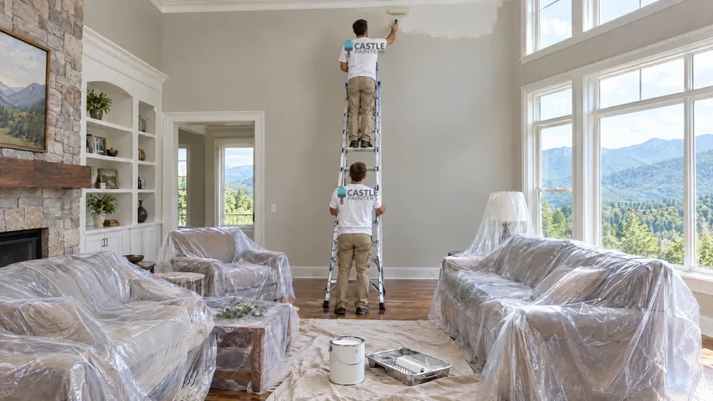 Painters rolling paint in a living room, one on a ladder.