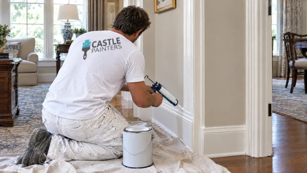 Painter caulking a baseboard before painting.